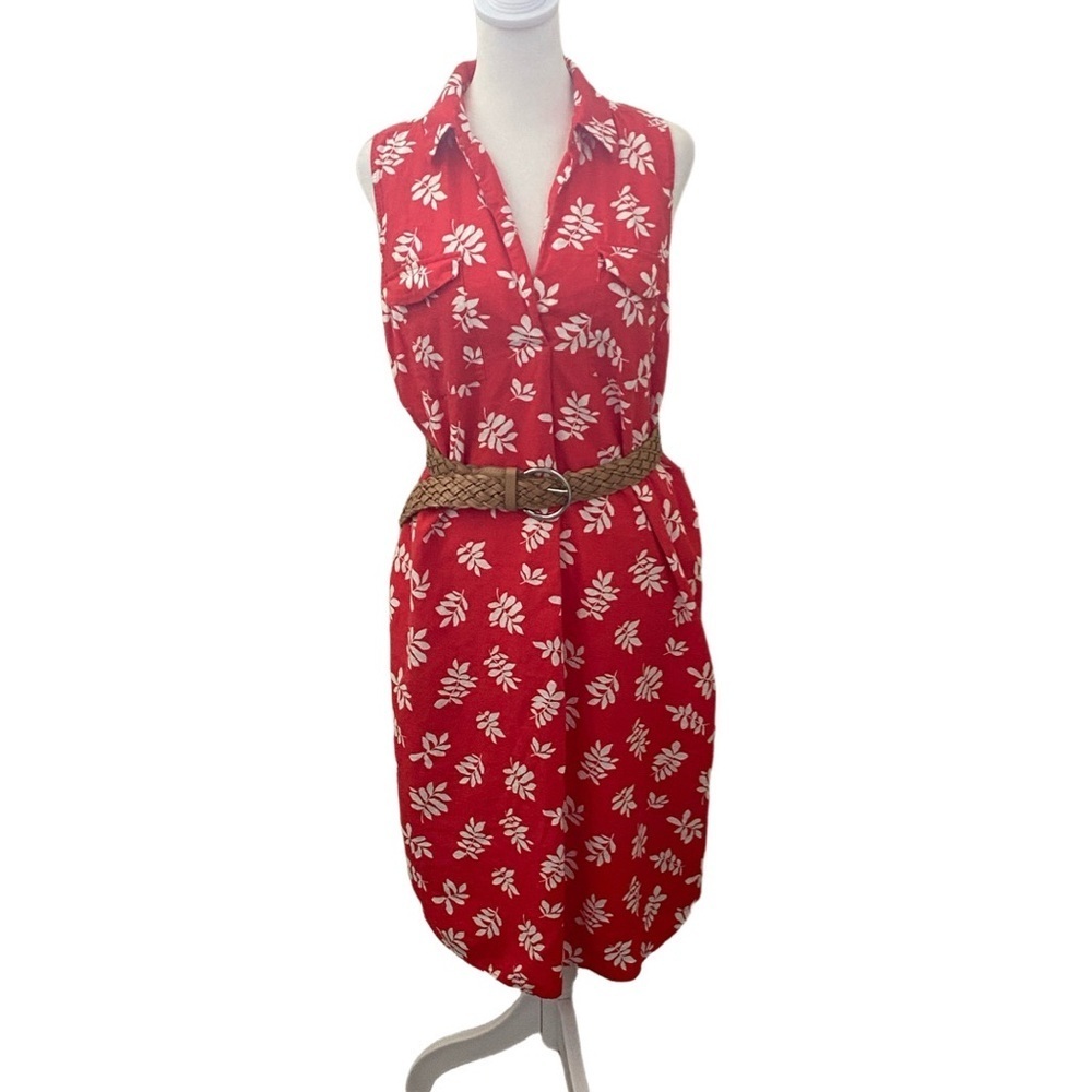 Ann Taylor Red and White Floral Midi Sleeves Lined Dress. Size M.